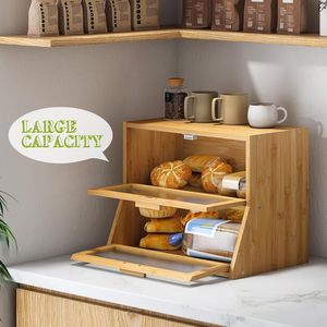 Double Layer Bamboo Wood Bread Box Large Capacity <b>Kitchen</b> Countertop Storage With Acrylic Door Panel - Product Image 1