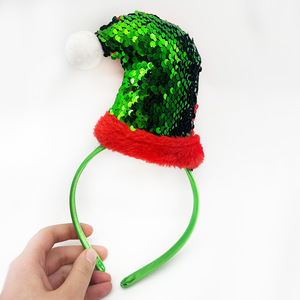 Bandeau de Noël unisexe en fausse fourrure rouge avec bande verte et chapeau de Père Noël à paillettes - Product Image 2