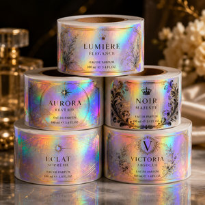 Rouleaux d'autocollants holographiques personnalisés pour parfums, étiquettes laser arc-en-ciel, film brillant, autocollants imprimés avec motifs personnalisés pour emballages cosmétiques - Product Image 6