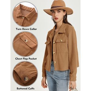 <b>Womens</b> Cropped <b>Corduroy</b> Jacket Button Down <b>Shacket</b> Full Sleeve Spring Lightweight Utility Style Jacket - Product Image 5