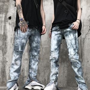 Pantalones Vaqueros Ajustados de Moda para Hombre, Lavados, con Abertura y Cremallera, de Tiro Alto, Rotos, Estilo Mom, Tie Dye, Apilados - Product Image 3