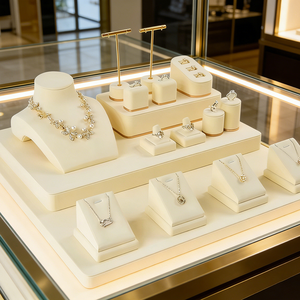 Expositor de Joyería de Microfibra con Elementos Metálicos Dorados, Soporte Personalizable para Anillos, Pulseras, Collares y Pendientes - Product Image 2