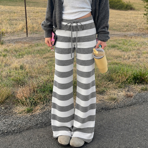 Color Block Striped Knit Pants, Straight Leg Women's <b>Trousers</b> with Drawstring Waist, <b>Y2K</b> Retro Casual Streetwear Fashion - Product Image 1