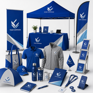 Kit promotionnel pour organisateur d'événements avec tente d'exposition, housse de table, drapeau, bannière, t-shirts, casquettes, bouteilles et sacs à cordon, tente événementielle - Product Image 1