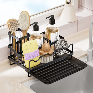 Porte-éponge auto-drainant Caddy d'évier de cuisine Organisateur de rangement d'évier <span class=keywords><strong>noir</strong></span> avec plateau d'égouttement amovible - Product Image 6