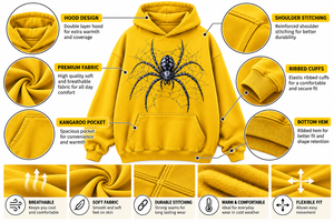 Sudadera con Capucha Amarilla para Hombre, Estilo Casual, con Bolsillo Frontal, Estampado de Araña, 100% Algodón, Corte Holgado, Invierno, Ecológica - Product Image 5