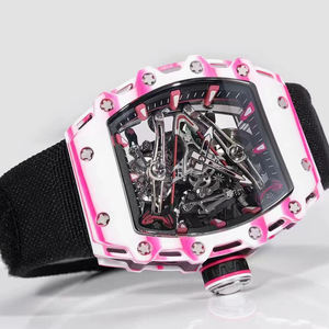 Montre automatique de luxe pour homme, cadeau de Noël, boîtier blanc dégradé rose, mouvement mécanique creux, bracelet en nylon, montre sport - Product Image 2