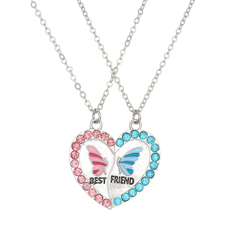 Hot sale love friendship BFF necklace female personality color rhinestone butterfly pendant clavicle chain couple
