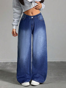 Jeans a Gamba Larga per <span class=keywords><strong>Donna</strong></span> <span class=keywords><strong>Taglie</strong></span> <span class=keywords><strong>Forti</strong></span>, <span class=keywords><strong>Vita</strong></span> Alta Elasticizzata, Traspirante, Alta Elasticità, Tinta Unita Scura, <span class=keywords><strong>Pantaloni</strong></span> Larghi - Product Image 5