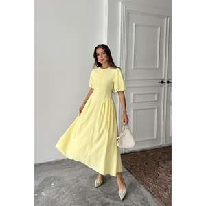 Yellow A-Line Linen Dress O-Neck Puff Sleeve Breathable <b>Wrap</b> <b>Tie</b> Midi Length Women's Dress - Product Image 5