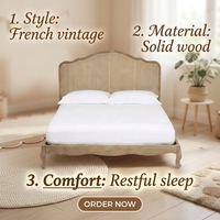 Lit en bois de chêne massif de style français rétro, avec cadre en rotin naturel, extra large, fait main