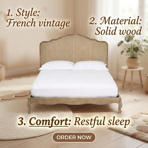 Letto <span class=keywords><strong>in</strong></span> <span class=keywords><strong>Legno</strong></span> di Quercia <span class=keywords><strong>Massello</strong></span> Stile Francese Retrò con Rattan Naturale, Extra Large, Fatto a Mano - Product Image 4