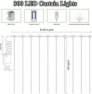 Tira de luces LED para cortina de ventana, guirnalda de luces con Control remoto para exteriores, 3m, 300, USB