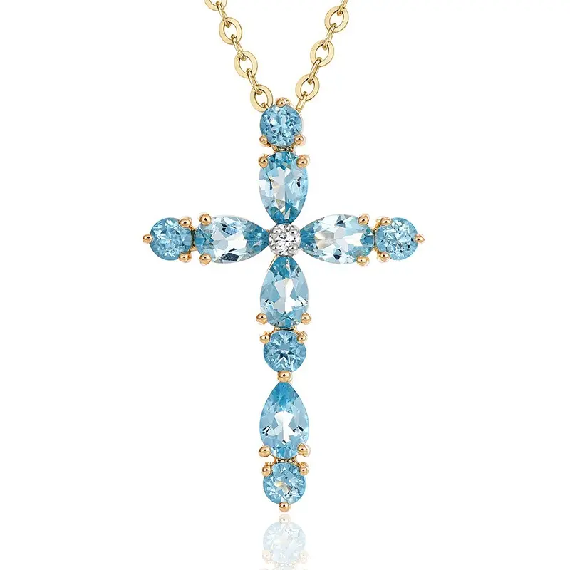 New Design Blue Topaz Pendant 18K Gold Plated 925 Silver Brass Jewelry Cross Pendant Necklace