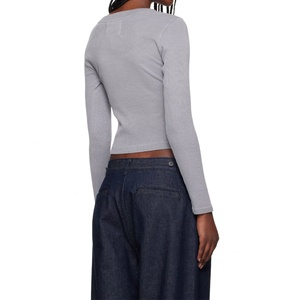 T-shirts Henley en coton extensible à col rond basique pour femmes, t-shirts Henley en jersey côtelé à manches longues sexy pour femmes - Product Image 4