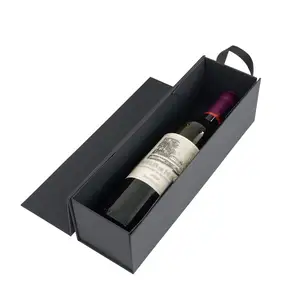 주류 및 샴페인 마그네틱 클로저 접이식 종이 포장용 손잡이가있는 맞춤형 블랙 와인 선물 상자
