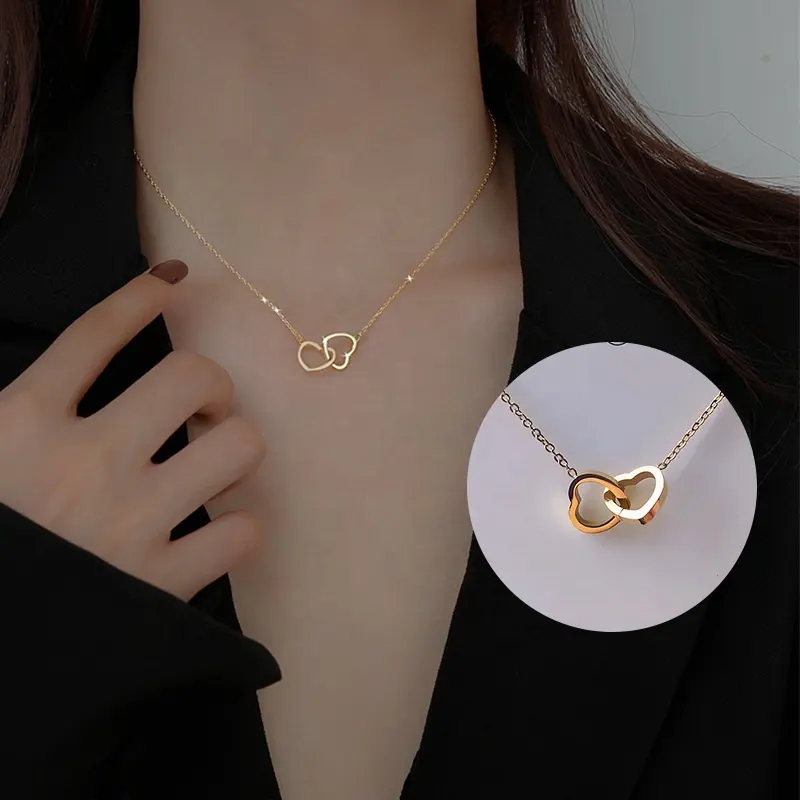 18K Gold Vacuum Plated Stainless Steel Double-ring Heart-shaped Pendant Necklace