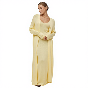 Robe longue en cardigan pour femme, manches longues, vêtements de nuit, ensembles de vêtements de détente personnalisés, robe de nuit en tricot pointelle, ensemble pyjama 2 pièces - Product Image 1