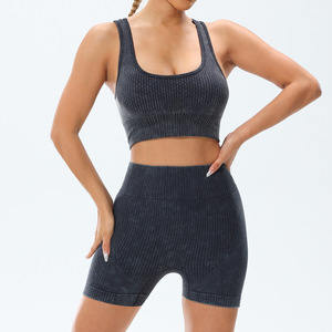 Cao eo quần short Yoga với đào hip nâng cát rửa thoáng khí liền mạch tập thể dục Áo ngực thiết lập mô hình rắn phía trước Logo-hai mảnh - Product Image 3