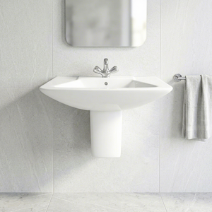 Vistaar Lavabo en céramique blanche à demi-pied, de forme carrée, design export pour centres commerciaux et villas - Product Image 5