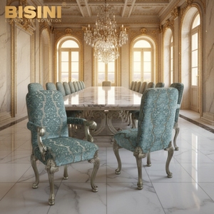 Fauteuil de salle à manger Parisian Prince d'inspiration italienne, avec structure en chêne sculpté et tissu brodé bleu - Product Image 5