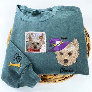Portrait de chien brodé personnalisé pour <span class=keywords><strong>femme</strong></span> avec sweat à capuche ou sweat-shirt chapeau de sorcière Halloween - Product Image 6