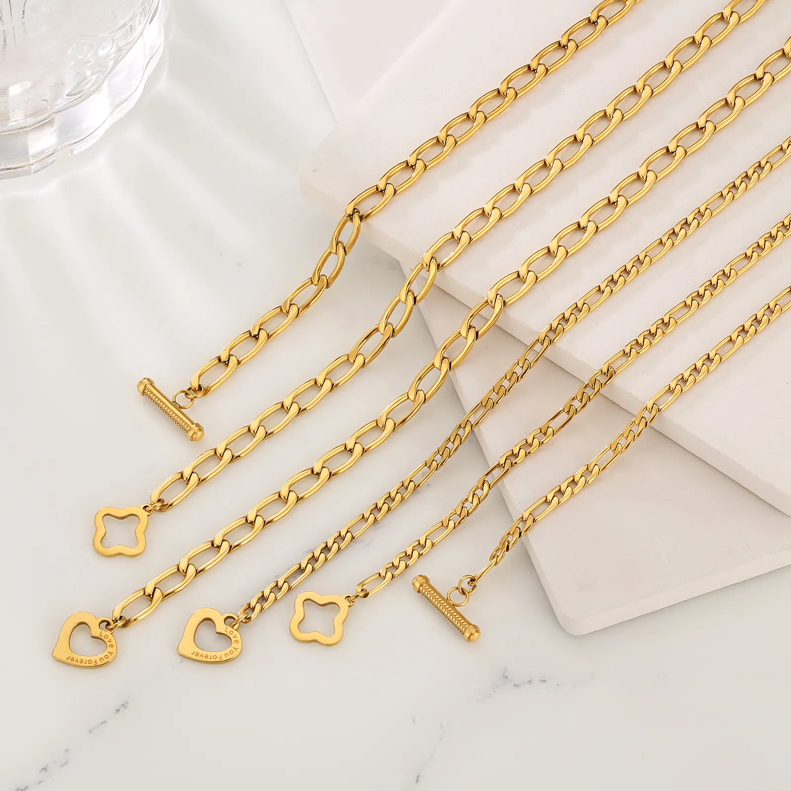 KRKC Wholesale Women Figaro Rope Cuban Chain Non-fading PVD Real Gold plated Stainless Steel Gold Chain Necklaces For Women