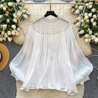 Camisas Casuales de Manga Larga con Cuello Redondo y Mangas Farol con Diamantes para Mujer, Tops Casuales para Mujer, Ropa al por Mayor
