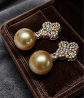 Boucles d'oreilles en argent 925 avec zircon, trèfle à quatre feuilles et perle dorée d'eau de mer