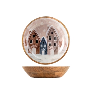 Ensemble de bols Lgn Noel Cup Ass Cm30, trois maisons colorées, vaisselle en céramique avec bord en bois, décoration de Noël - Product Image 1