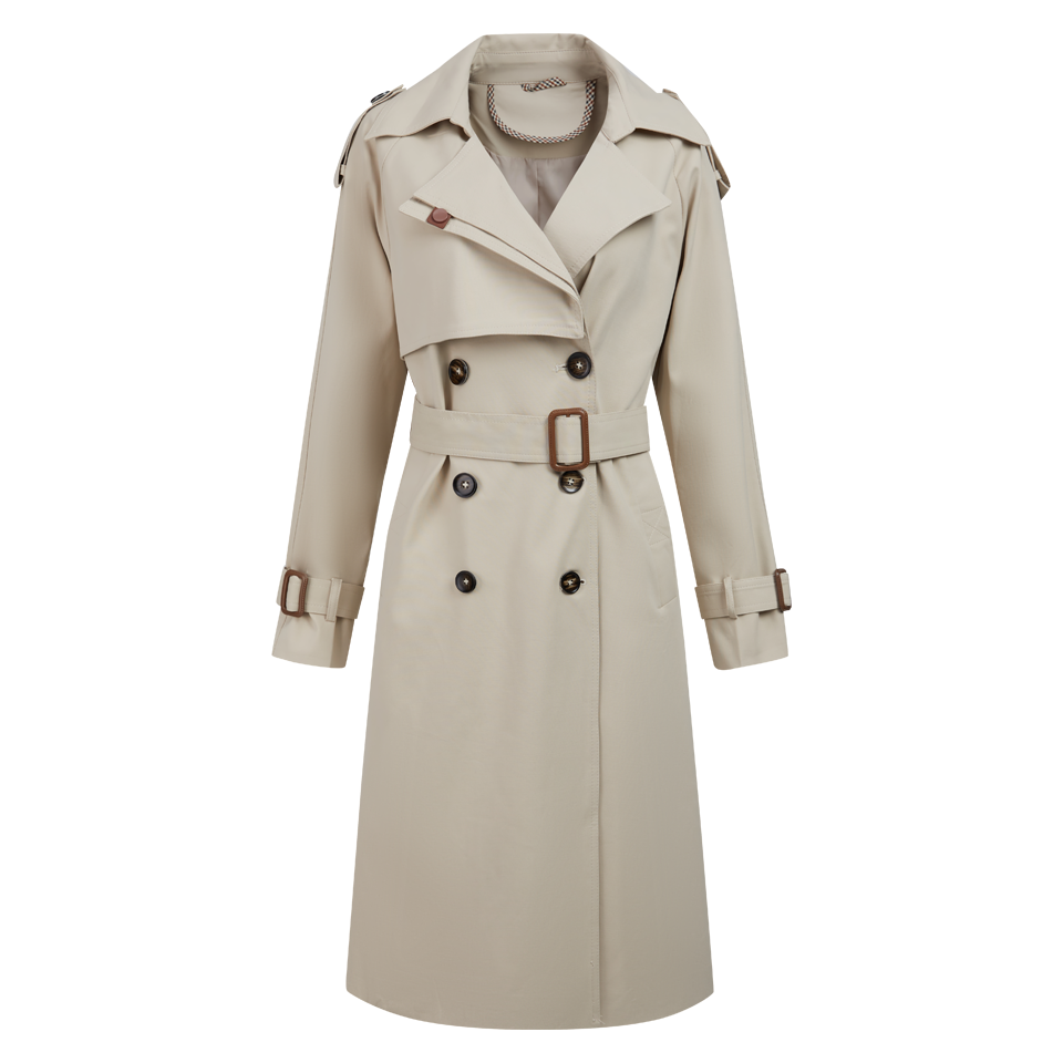 Custom Autumn Winter Women's Trench Coat High Quality Fashion Shawl Collar Double Button Belted Coat Woven Long Polyester Lining