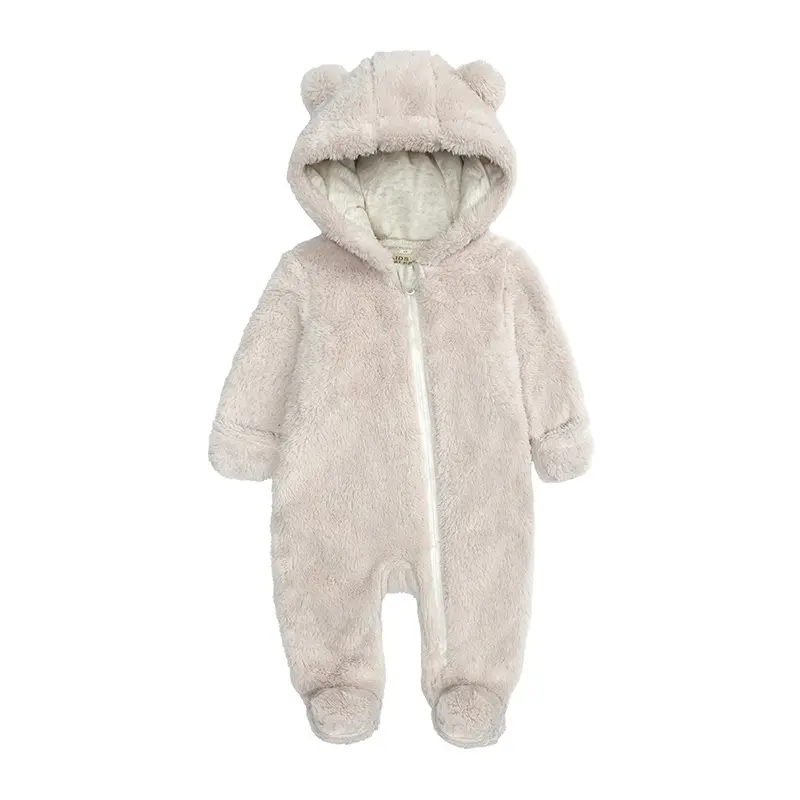 Nouveau-né automne hiver unisexe flanelle bébé à capuche barboteuse ours oreille solide fermeture éclair bébé combinaisons