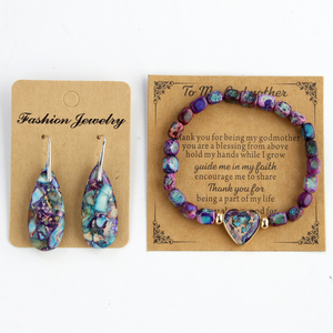 Regalo de San Valentín para mi madrina amor corazón multicolor cuadrado emperador Piedra cuenta pulsera elástica lágrima colgante pendiente conjunto - Product Image 6