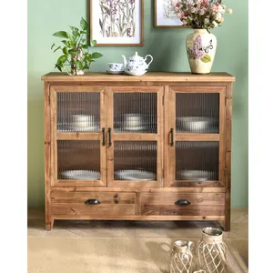 Accent pastoral style home furniture solid wood kitchen dining room storage console cabinet with 2 drawer and 3 glass doors