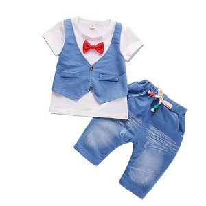 Ensemble décontracté d'été en coton pour bébé, style anglais, col rond, gilet à nœud papillon, manches courtes, pour garçon, de Chine - Product Image 1