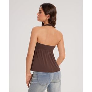 FOXA Peplum Halter Top pour femme avec soutien-gorge intégré, débardeur sans manches froncé, longueur normale, en tissu tricoté - Product Image 2