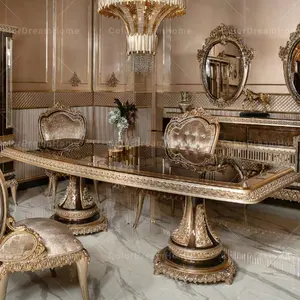 Ensembles de salle à manger de style européen royal turc, table à manger de luxe sculptée à la main avec chaises et buffet