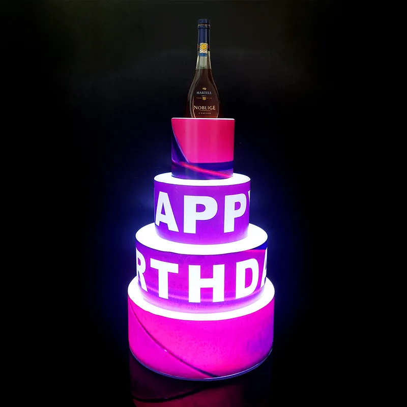 Exposição LED personalizada para bolo de feliz aniversário, 4 camadas, para festas noturnas, apresentação de garrafa de bolo LED de feliz aniversário