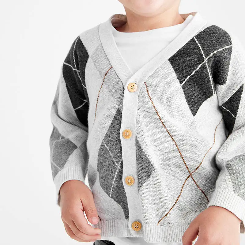 OEM factory customization Kids knitting Sweaters child Argyle Pattern Button Through Plus Size Cardigan for boys