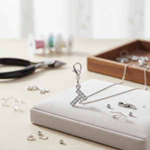 Ciondolo a forma di lettera T in cristallo con pietre trasparenti, chiusura a moschettone tono argento per la creazione di gioielli - Product Image 3