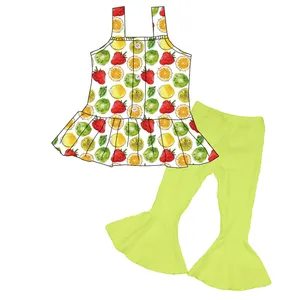 Conjunto de roupas de primavera para bebês meninas Qingli OEM Conjunto de roupas infantis para meninas com desenho de flores e calças Peplum Flare