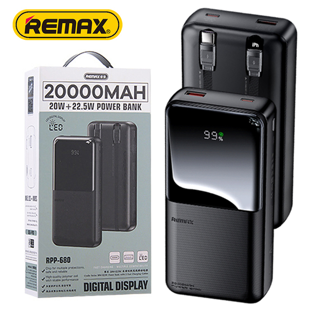 Remax 20000mAh Power Bank PD20W QC22.5W Fast Charging 20000 MAh Power Bank With Cable External Battery Bank With LED Display