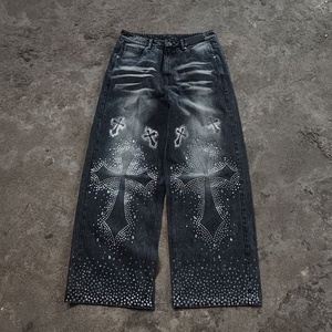 Pantalones Vaqueros Anchos de Mezclilla con Pedrería, Estilo Baggy, Lavado Vintage, Personalizados para Hombre - Product Image 1