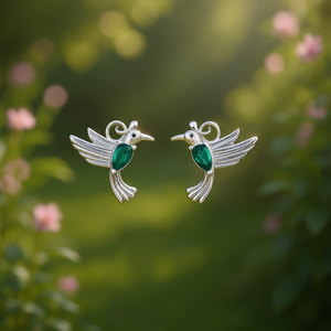 Pendientes de Plata Tibetana con Colibrí y Piedra Verde Corte Esmeralda Engastada en Bisel para Mujer, Regalo, Joyería de Moda - Product Image 2