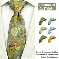 Corbata de Algodón Color Verde Salvia con Diseño de Rosa en Acuarela, Corbata Personalizada con Logotipo para Hombre