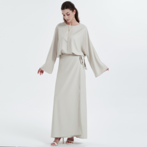 Ramadan Kebaya Màu Rắn Đơn Giản Lỏng Áo Dài Với Slit Eo Tay Áo Abaya Hồi Giáo Dresses - Product Image 1