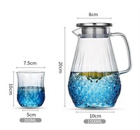 Conjunto de Jarra de Água de Vidro Borossilicato Transparente Azul com Gradiente Artístico 1500ml com Copo de 300ml para Chá Gelado e Água