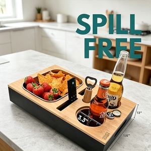 Plateau porte-gobelets en bambou pour canapé avec boîtes à collation en acier inoxydable, organisateur de rangement pour verres à vin et télécommandes, idéal pour les soirées cinéma à domicile - Product Image 3