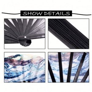 Guansen Eco-Friendly <b>Large</b> Folding Handheld <b>Fan</b> Custom Logo UV Printed Oxford Satin Fabric Carved Flower Bamboo Silk Material - Product Image 6