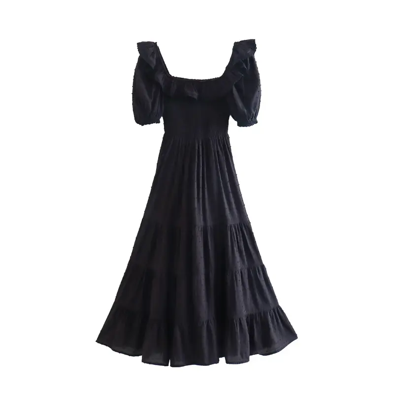Casual Dresses Black Elegant Style Black Color Short Sleeve Square Collar Women Casual Summer Long Dress
